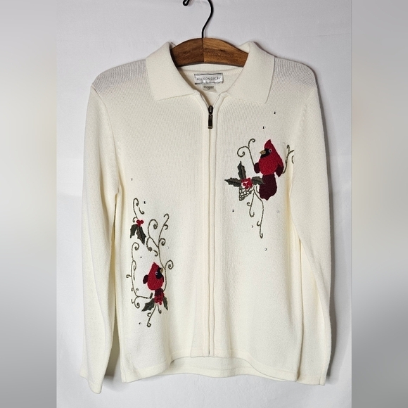 Allison Daley Sweaters - Allison Daley S Zip Cardigan Cream Sweater Red Embroidered Cardinals Rhinestones